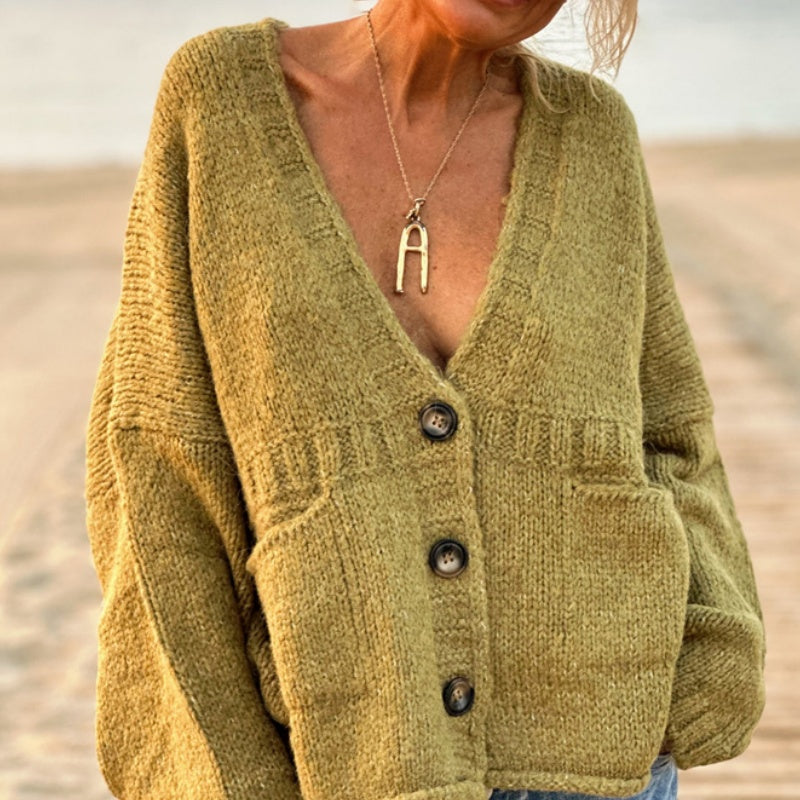 Button-Up Knit Cardigan with Front Pockets