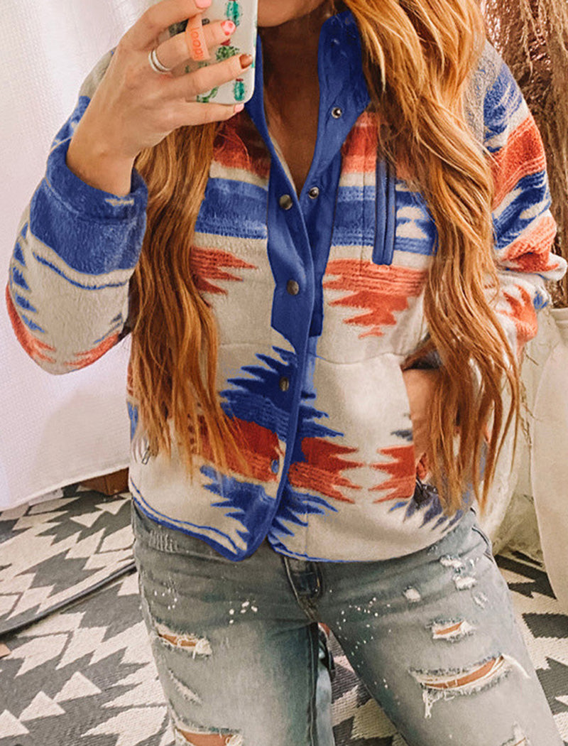 Aztec Print Button-Up Fleece Jacket