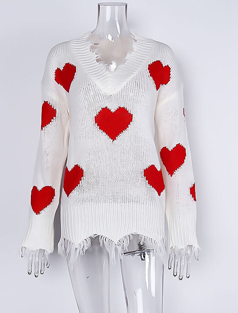 Heart Pattern Distressed V-Neck Sweater