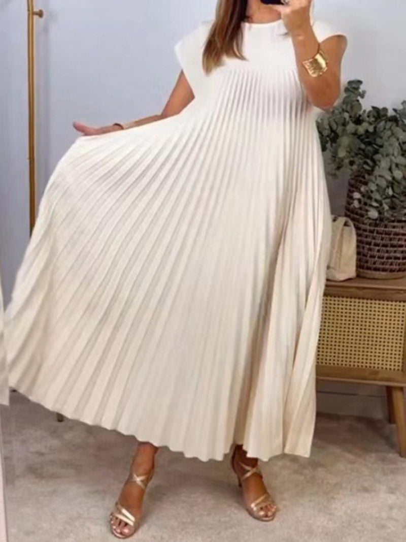 Pleated Cap-Sleeve Maxi Dress