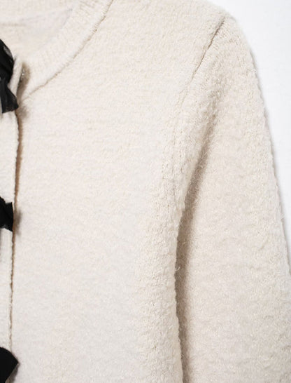 Bow-Detail Fringe Trim Tweed Cardigan