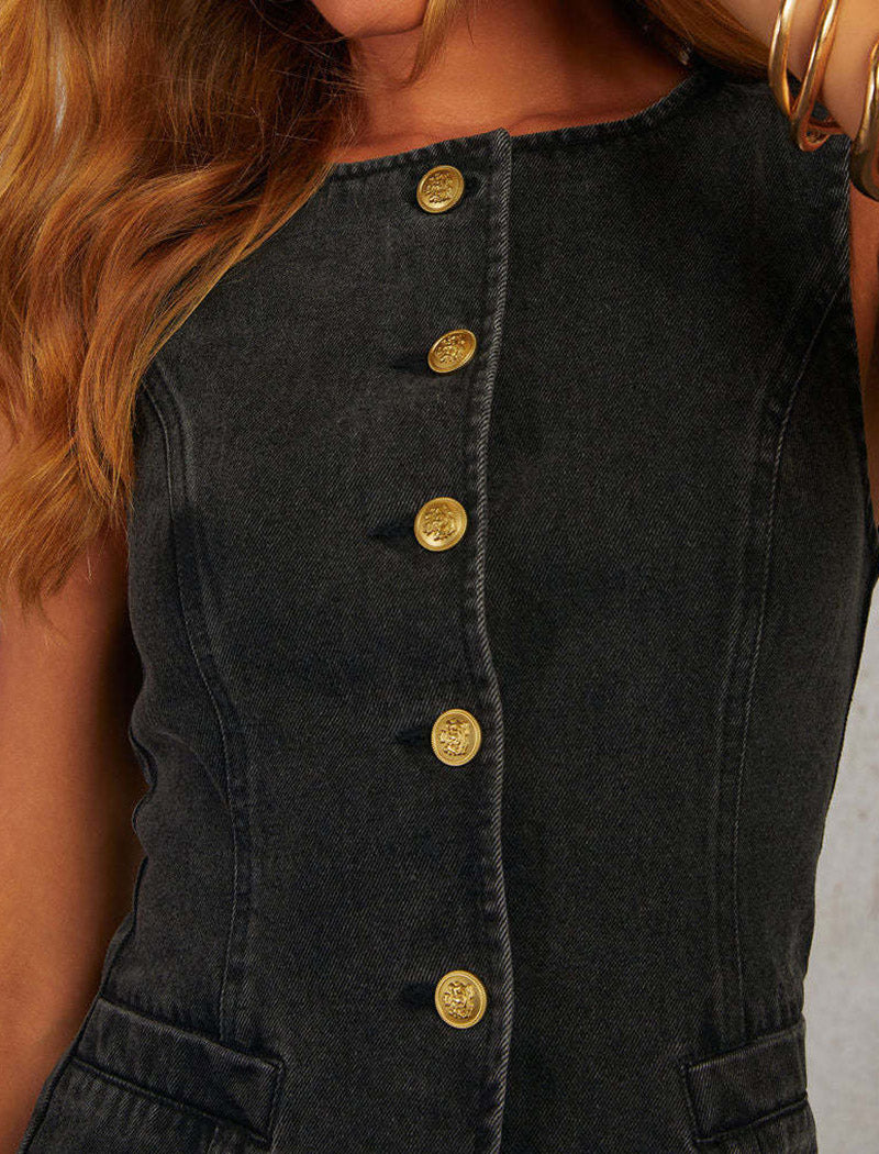 Sleeveless Denim Vest with Button Front