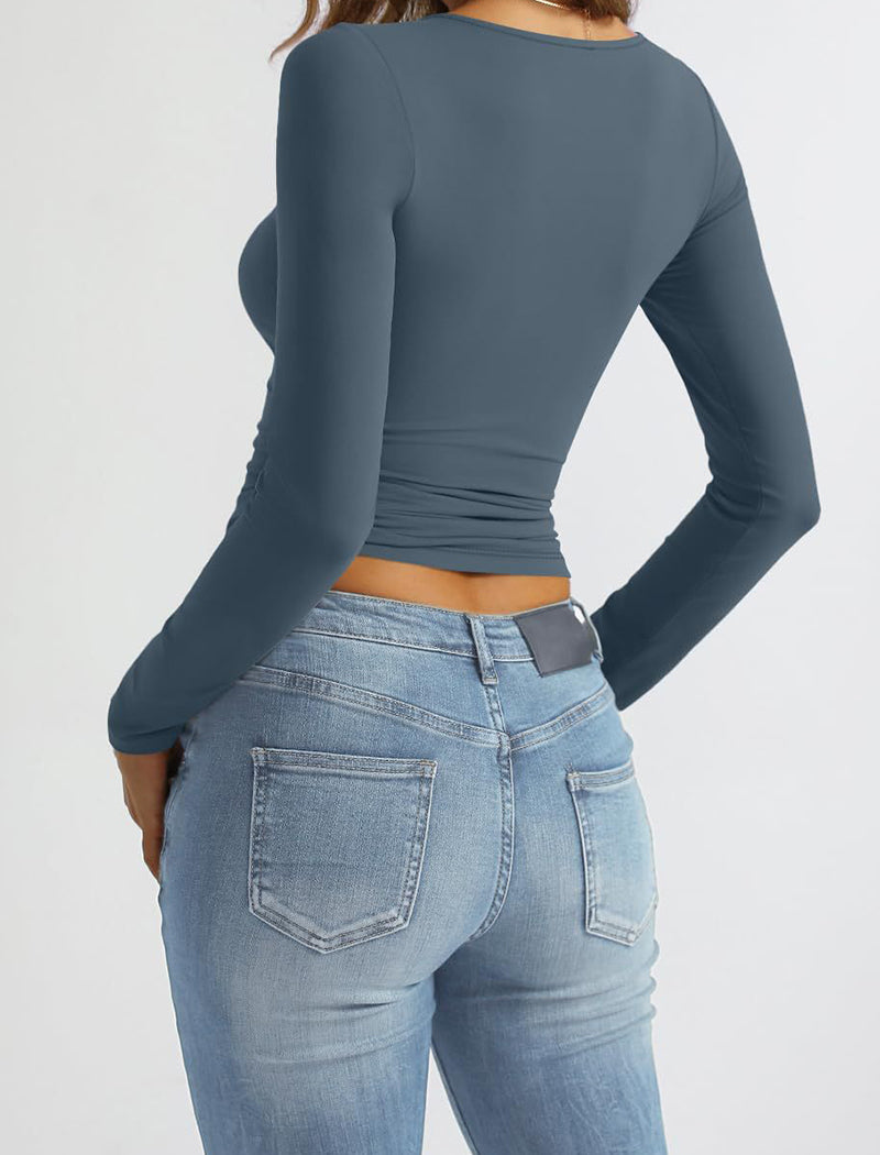 Ruched Square Neck Long-Sleeve Crop Top