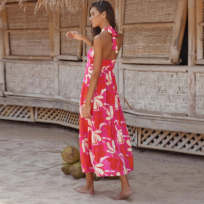 Halter Tropical Print A-Line Dress