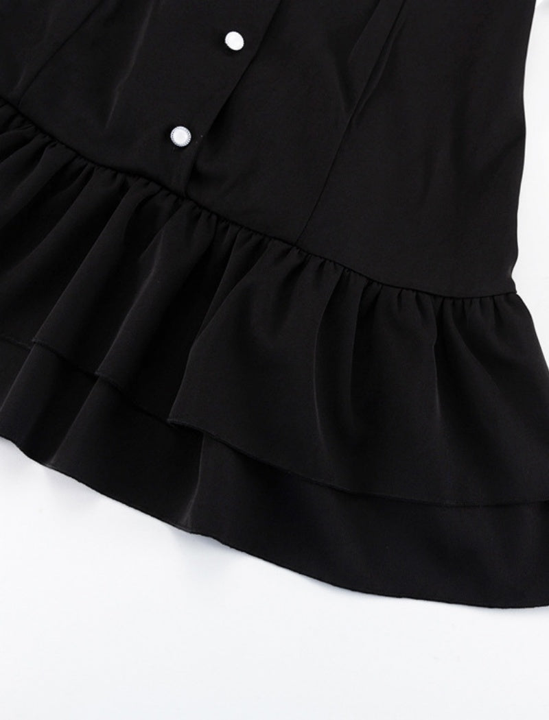 Contrast Collar Buttoned Ruffle Dress