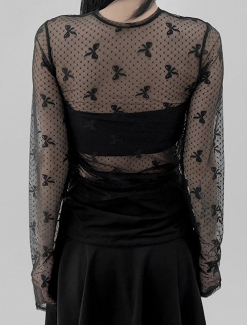 Sheer Mesh Long-Sleeve Top with Bow Design