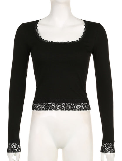 Lace Trim Square Neck Fitted Top