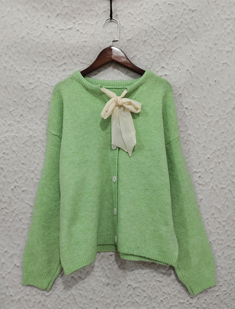 Button-Up Cardigan with Bow Detail