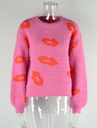 Sweater with Lip Pattern Print