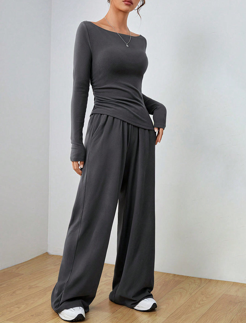 Fitted Long-Sleeve Top and Wide-Leg Pants Set