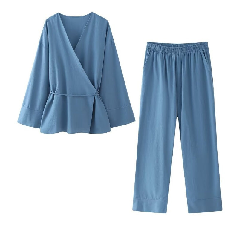 Wrap-Style Top and Wide-Leg Pants Set