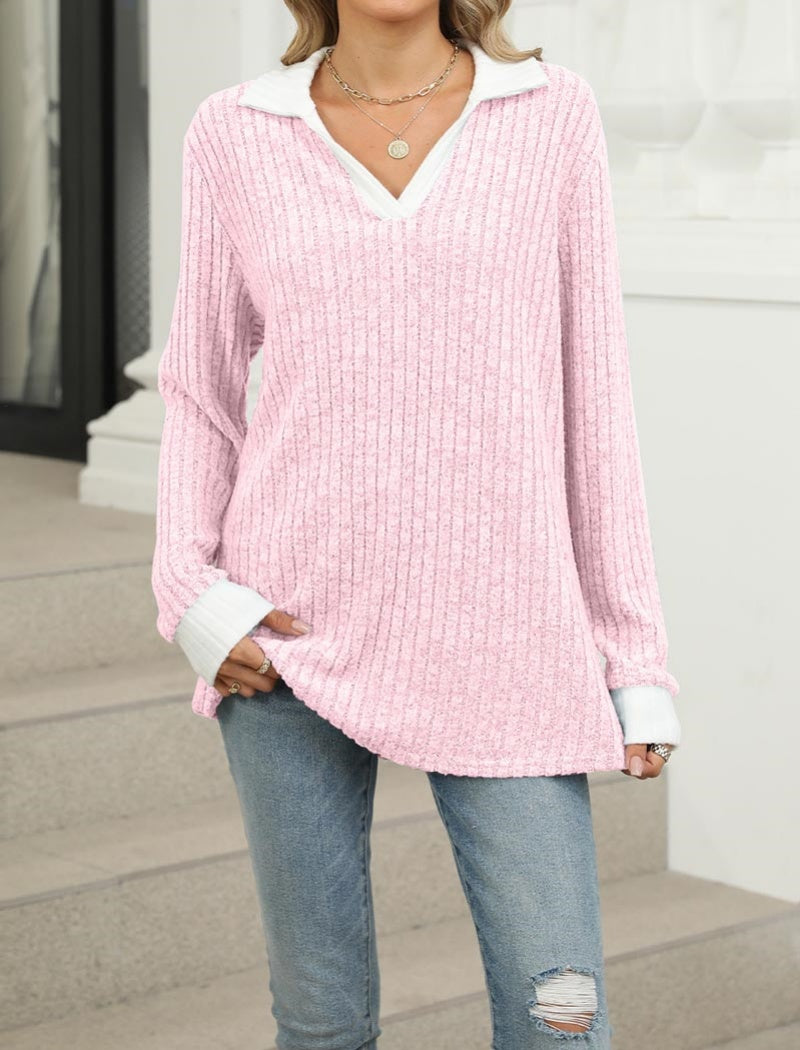 Colorblock Collared Long Sleeve Loose Tee