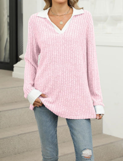 Colorblock Collared Long Sleeve Loose Tee