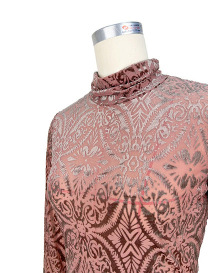 High Neck Velvet Printed Long-Sleeve Top