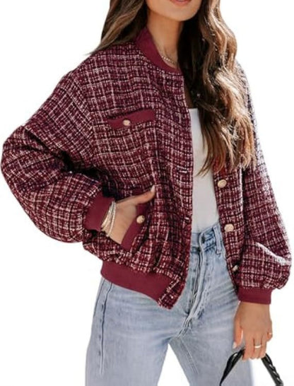 Plaid Bomber Jacket with Pockets