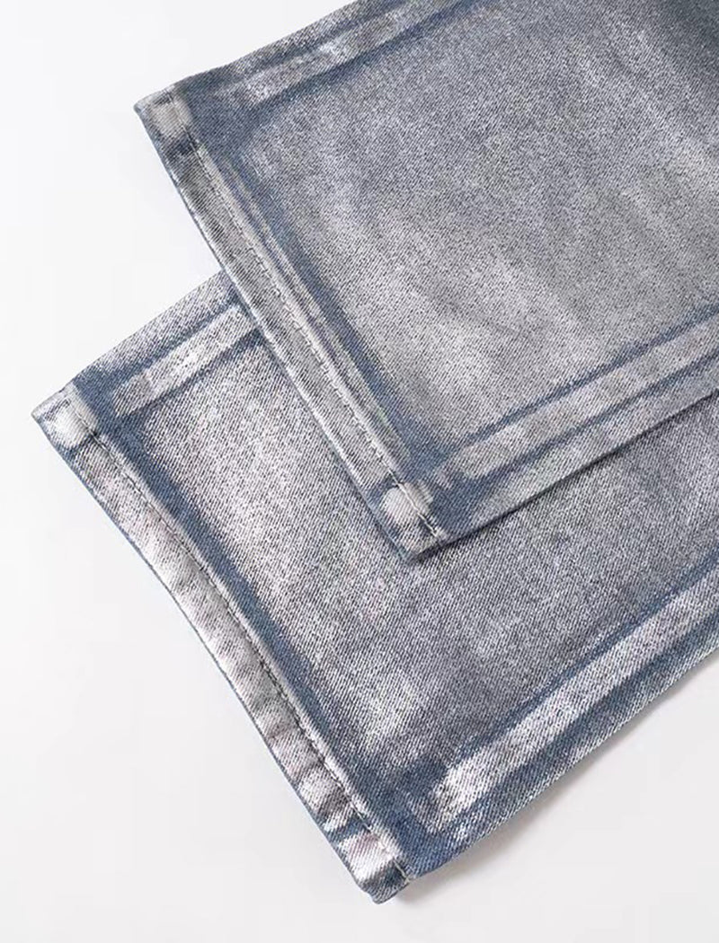 Straight-Leg Blue Silver-Printed Jeans