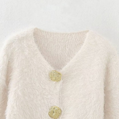 Button-Front Fuzzy Knit Cardigan