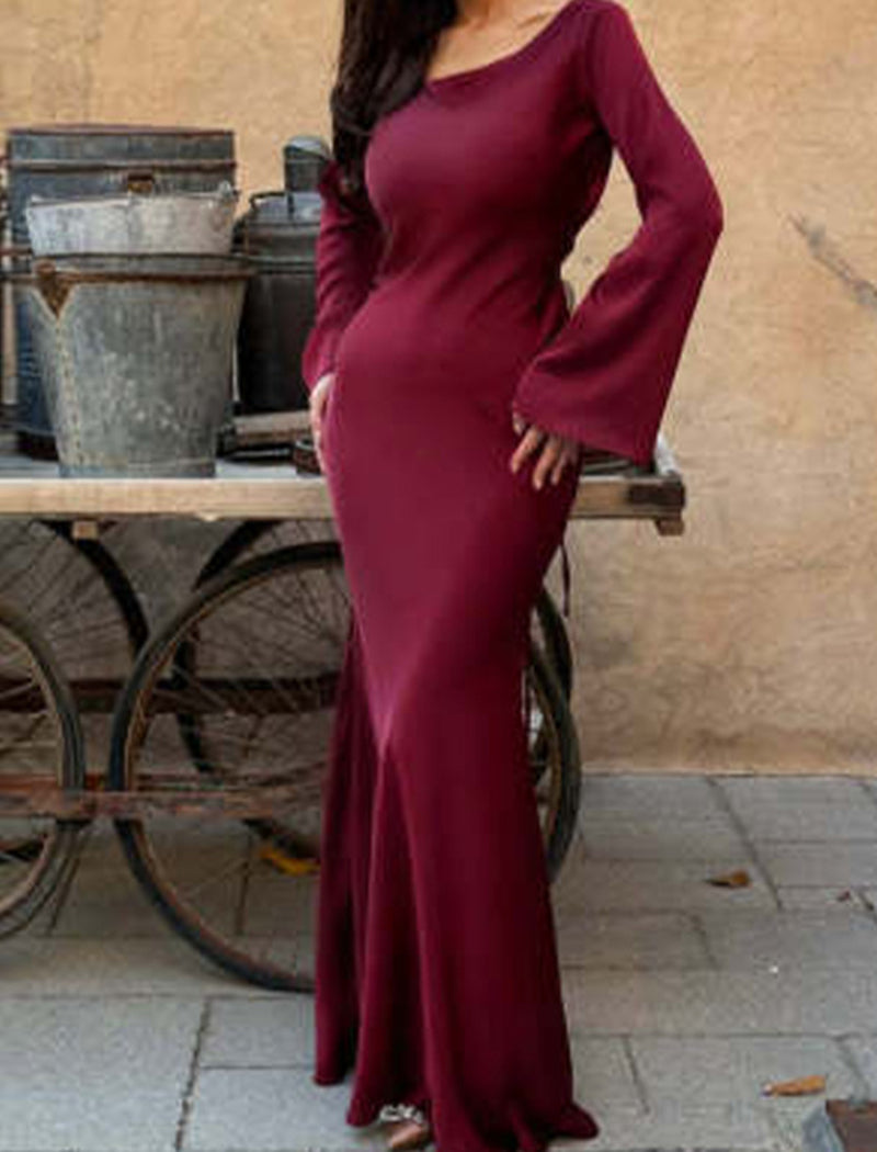 Bell-Sleeve Satin Maxi Dress