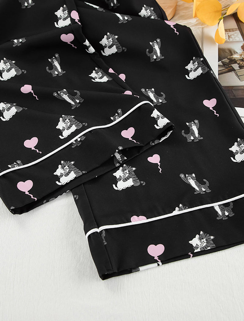 Satin Pajama Set with Cat Print