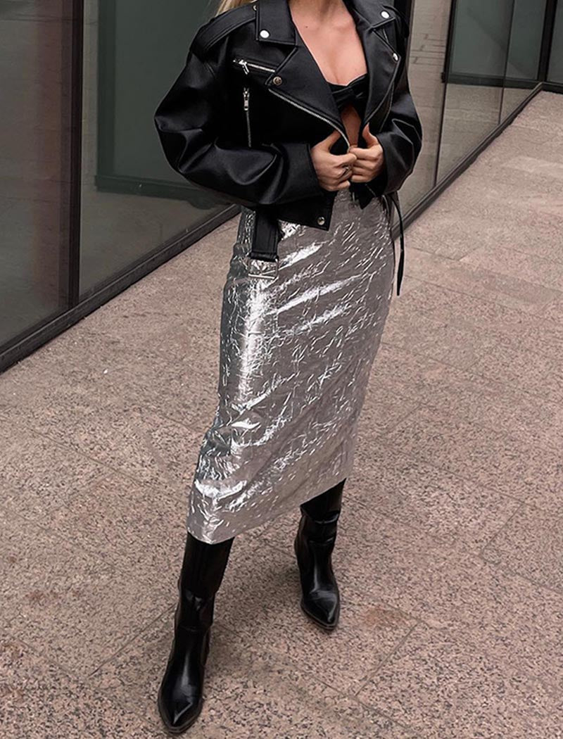 High-Rise Metallic Midi Skirt