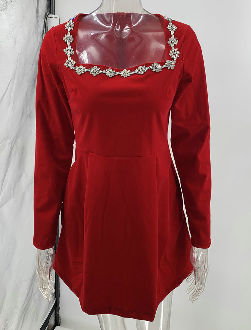 Square Neck Rhinestone-Trimmed Velvet Dress