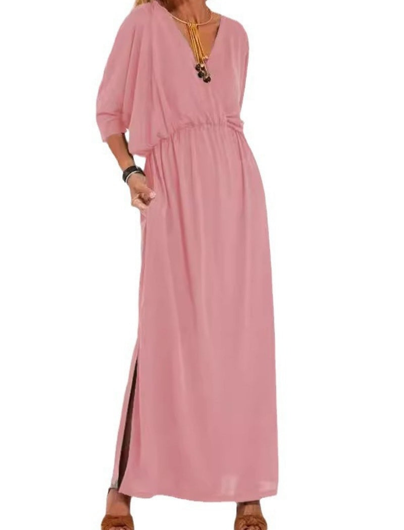 V-Neck Batwing Sleeve Maxi Dress with Pockets