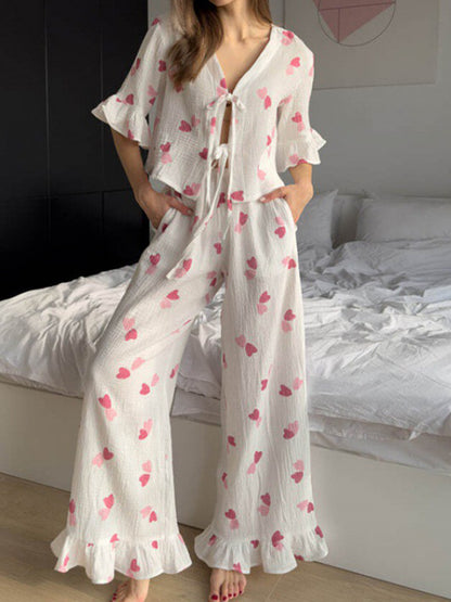 Ruffle Hem Tie-Front Top and Wide-Leg Pants Pajamas Set