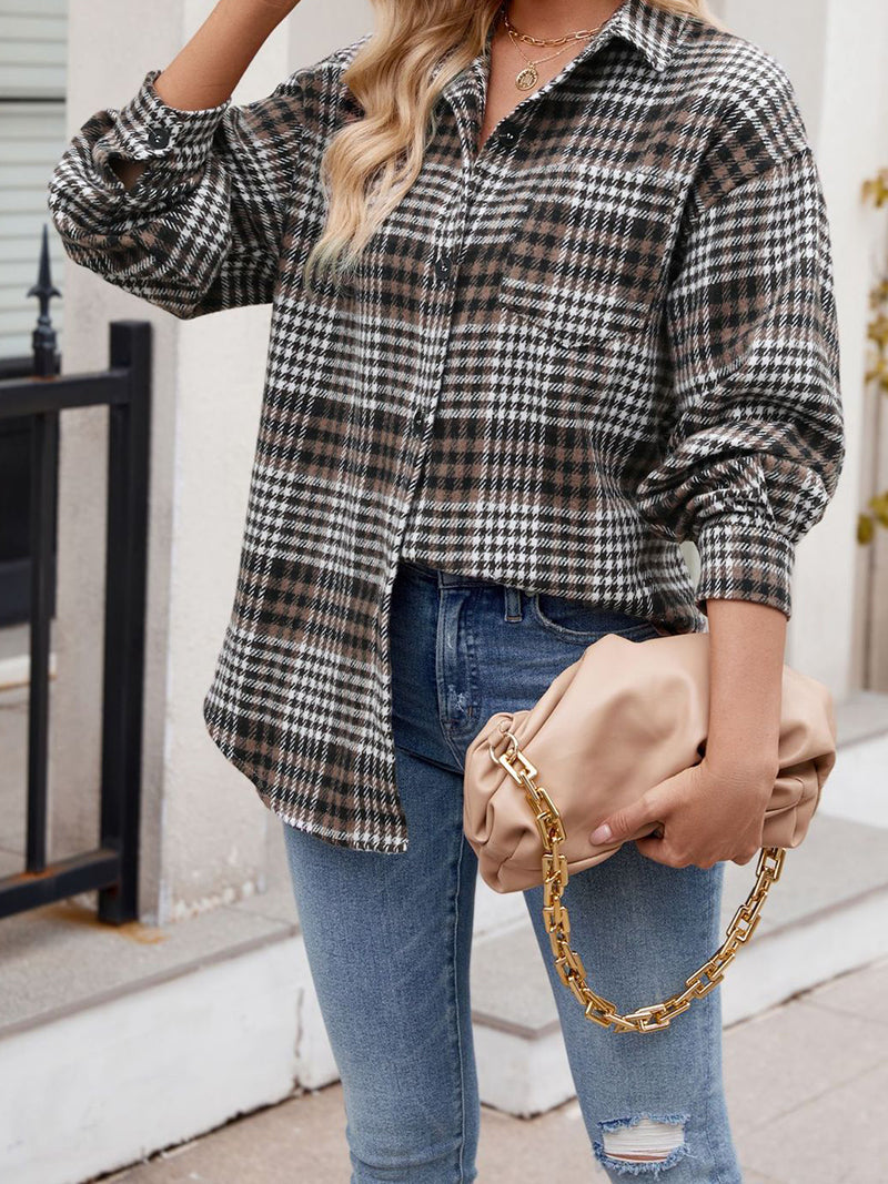 Plaid Curved-Hem Button-Up Shirt