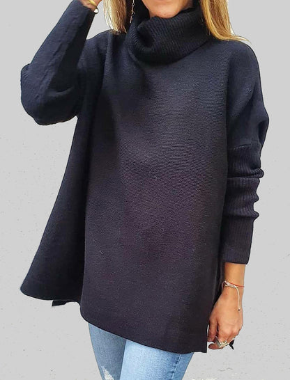 High Neck Batwing Sleeve Slit Hem Waist-Tie Sweater