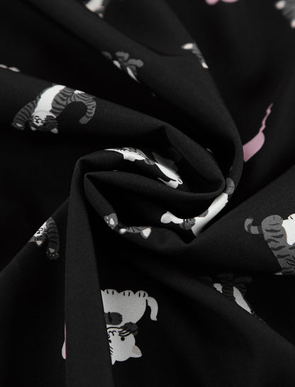 Satin Pajama Set with Cat Print