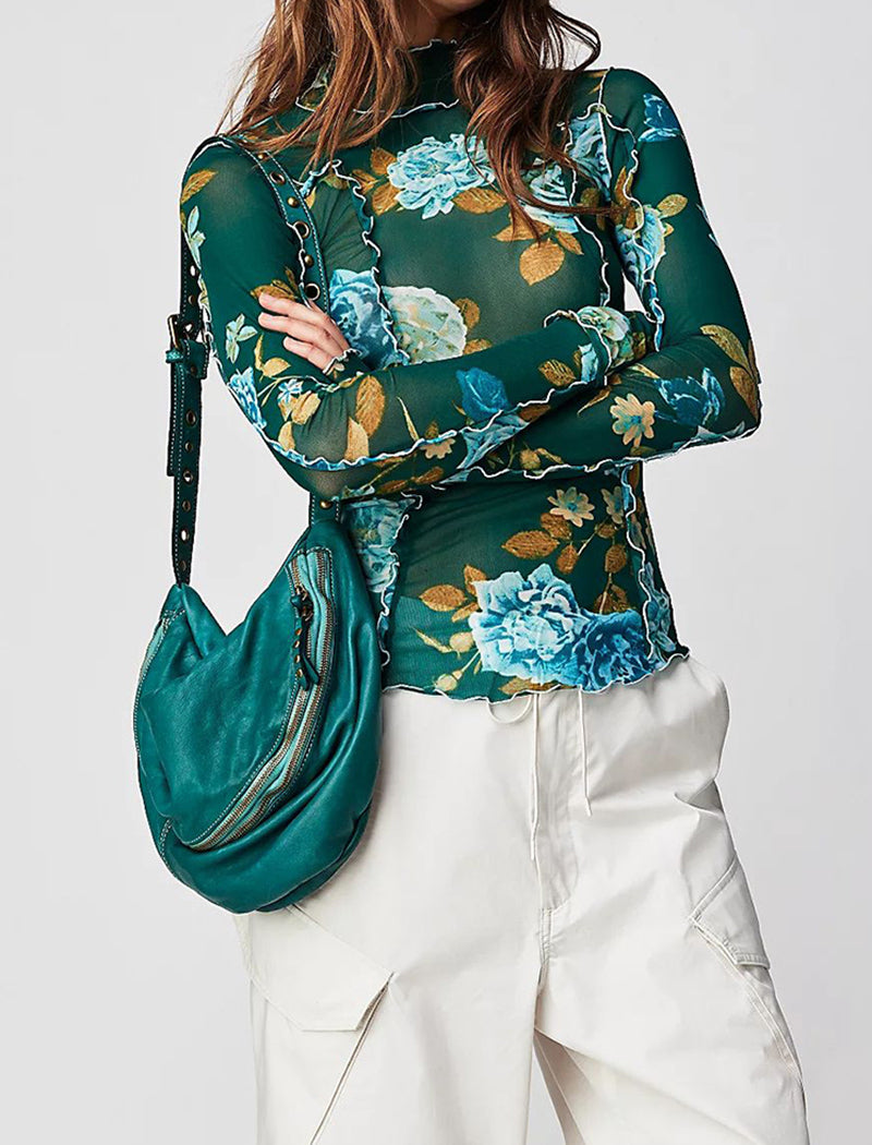 Floral Ruffle Trim Long-Sleeve Top