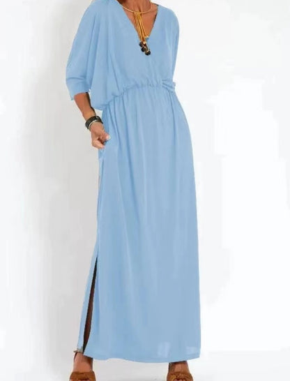 V-Neck Batwing Sleeve Maxi Dress with Pockets