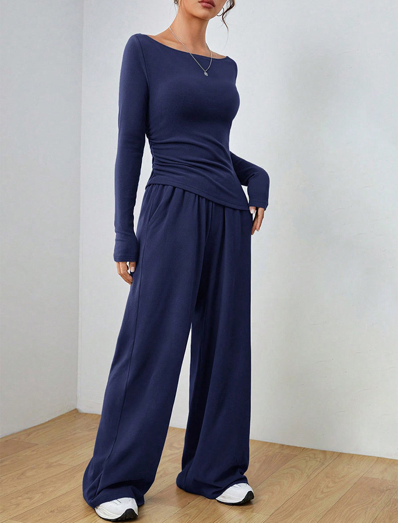 Fitted Long-Sleeve Top and Wide-Leg Pants Set