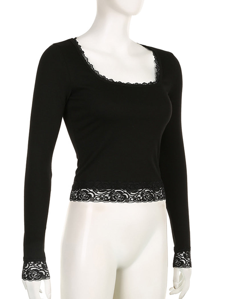 Lace Trim Square Neck Fitted Top