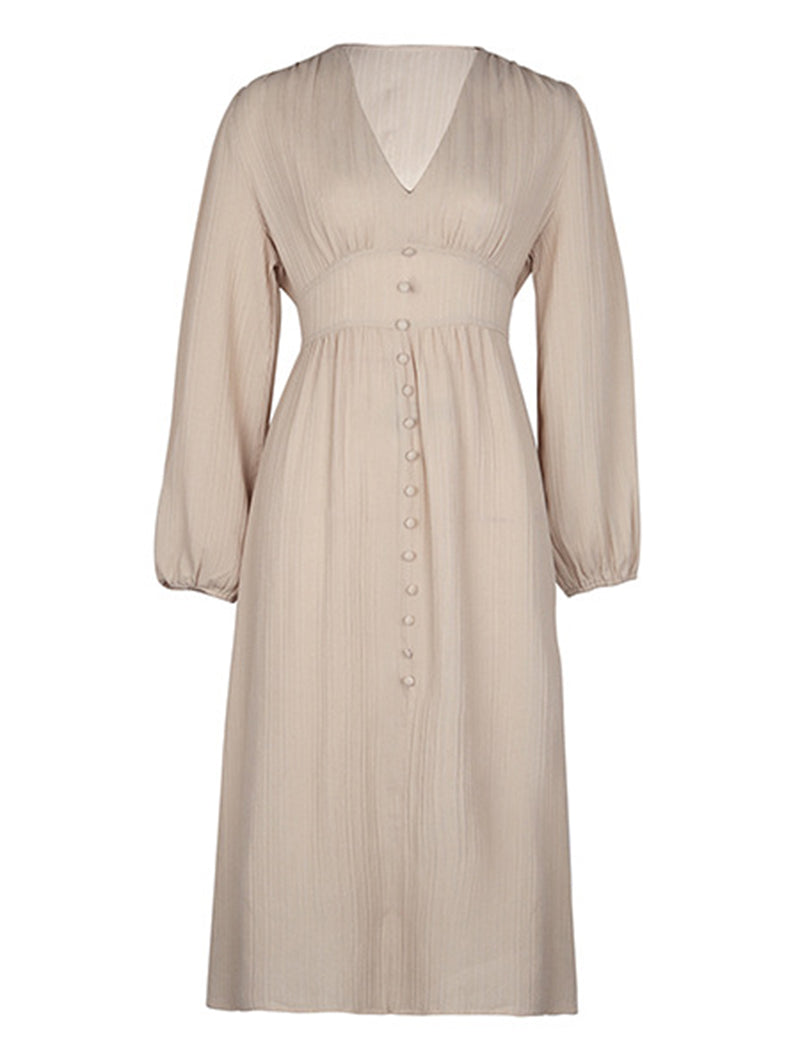 Button-Front Long-Sleeve Midi Dress