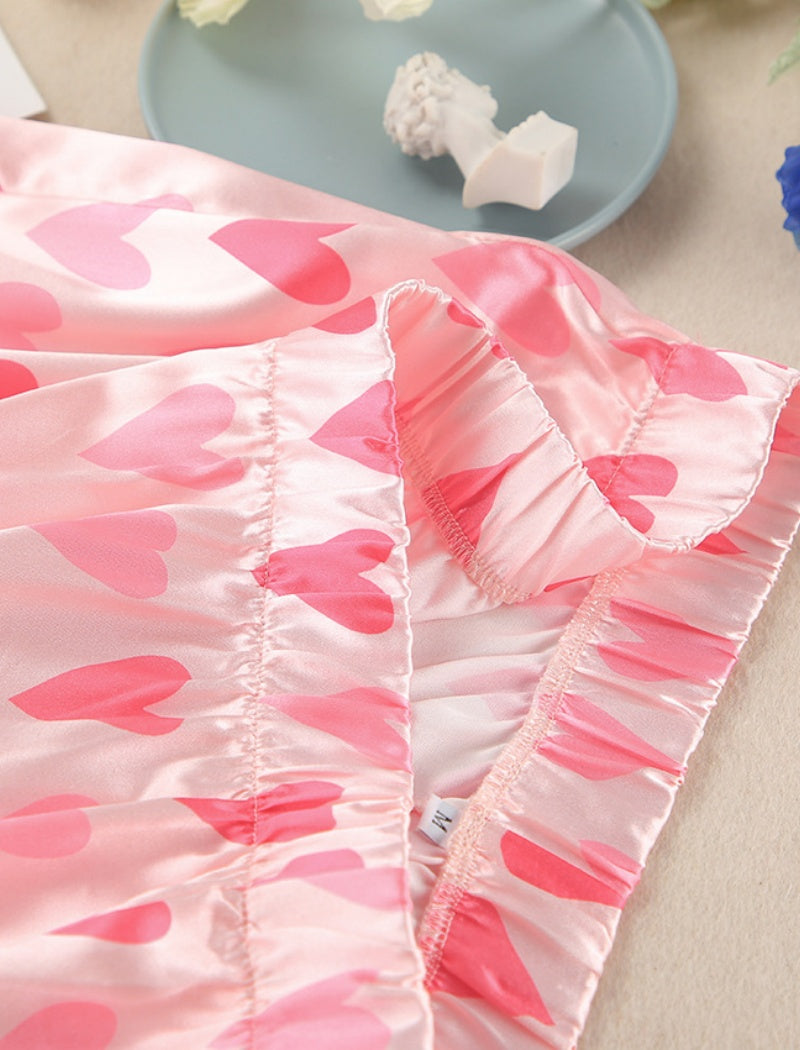 Heart Pattern Button-Up Pajama Set