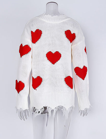 Heart Pattern Distressed V-Neck Sweater