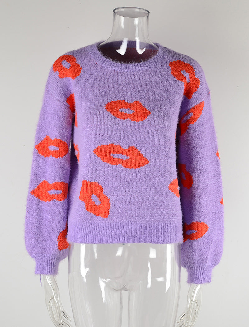 Sweater with Lip Pattern Print