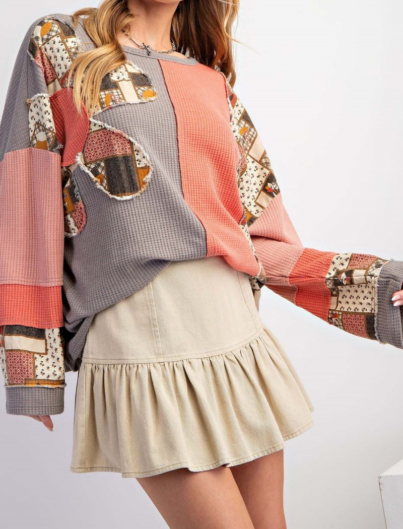 Patchwork Oversized Waffle Knit Top