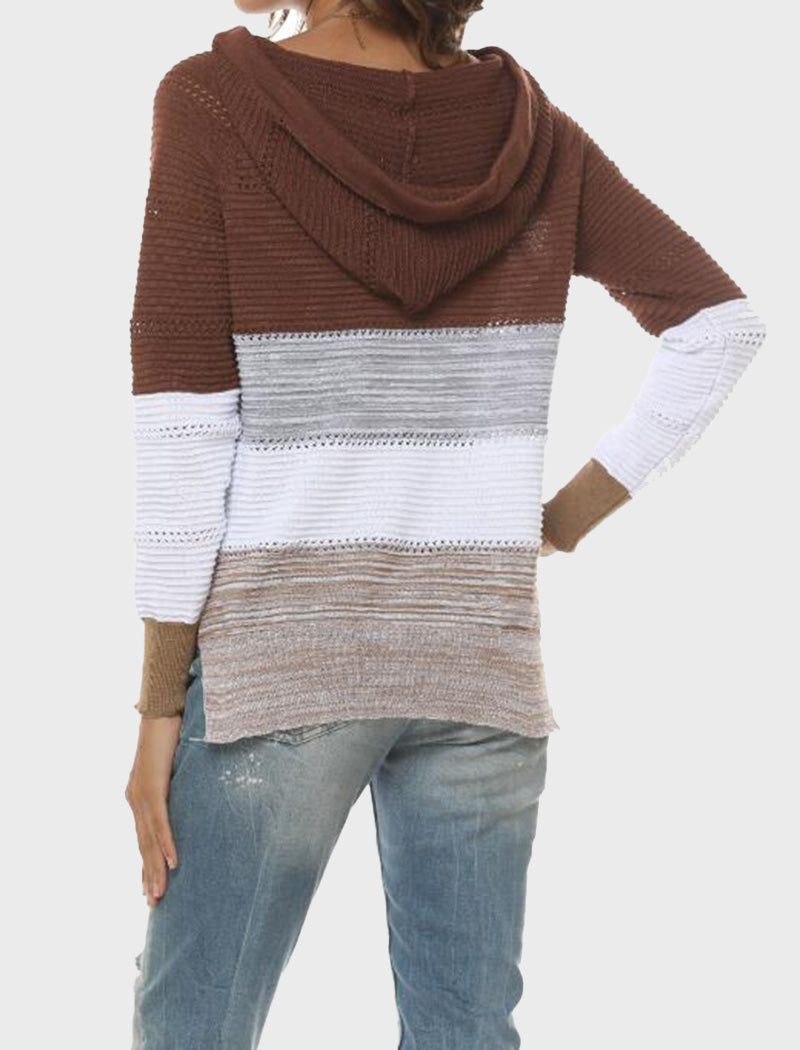 Striped V-Neck Knit Hooded Sweater