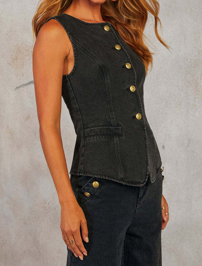 Sleeveless Denim Vest with Button Front