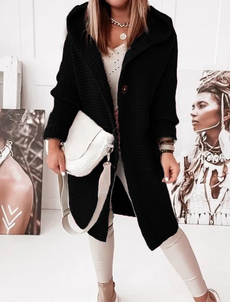 Oversized Button-Up Knit Hooded Cardigan