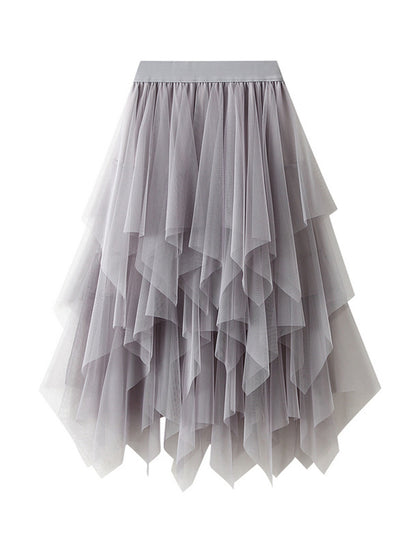 Asymmetric Ruffle Mesh Skirt