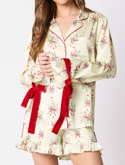 Long Sleeve Satin Top and Shorts Pajama Set