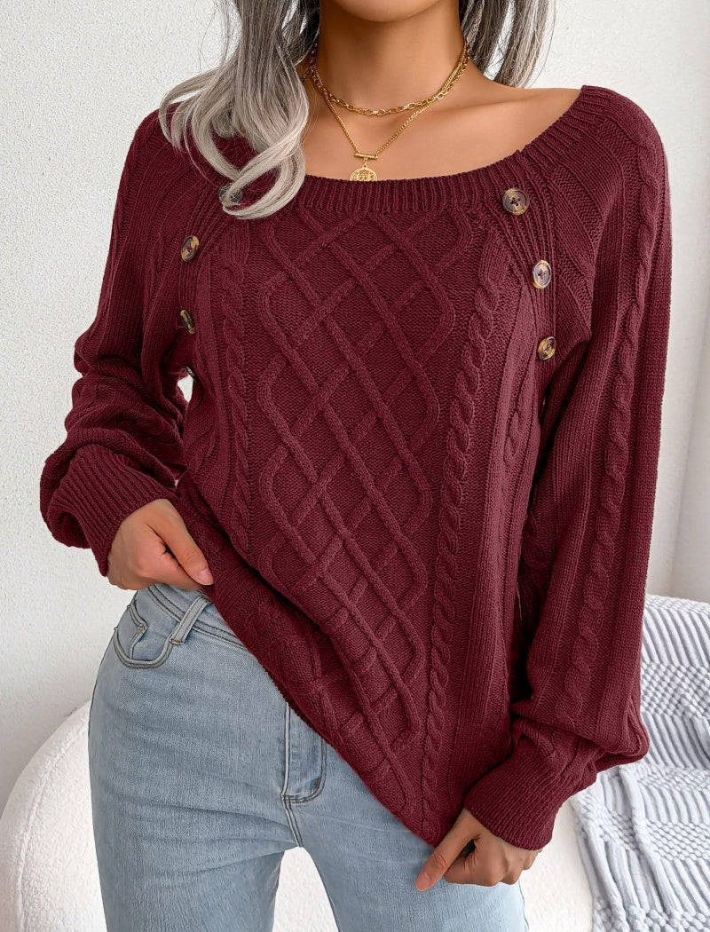 Cable Knit Sweater with Button Accents