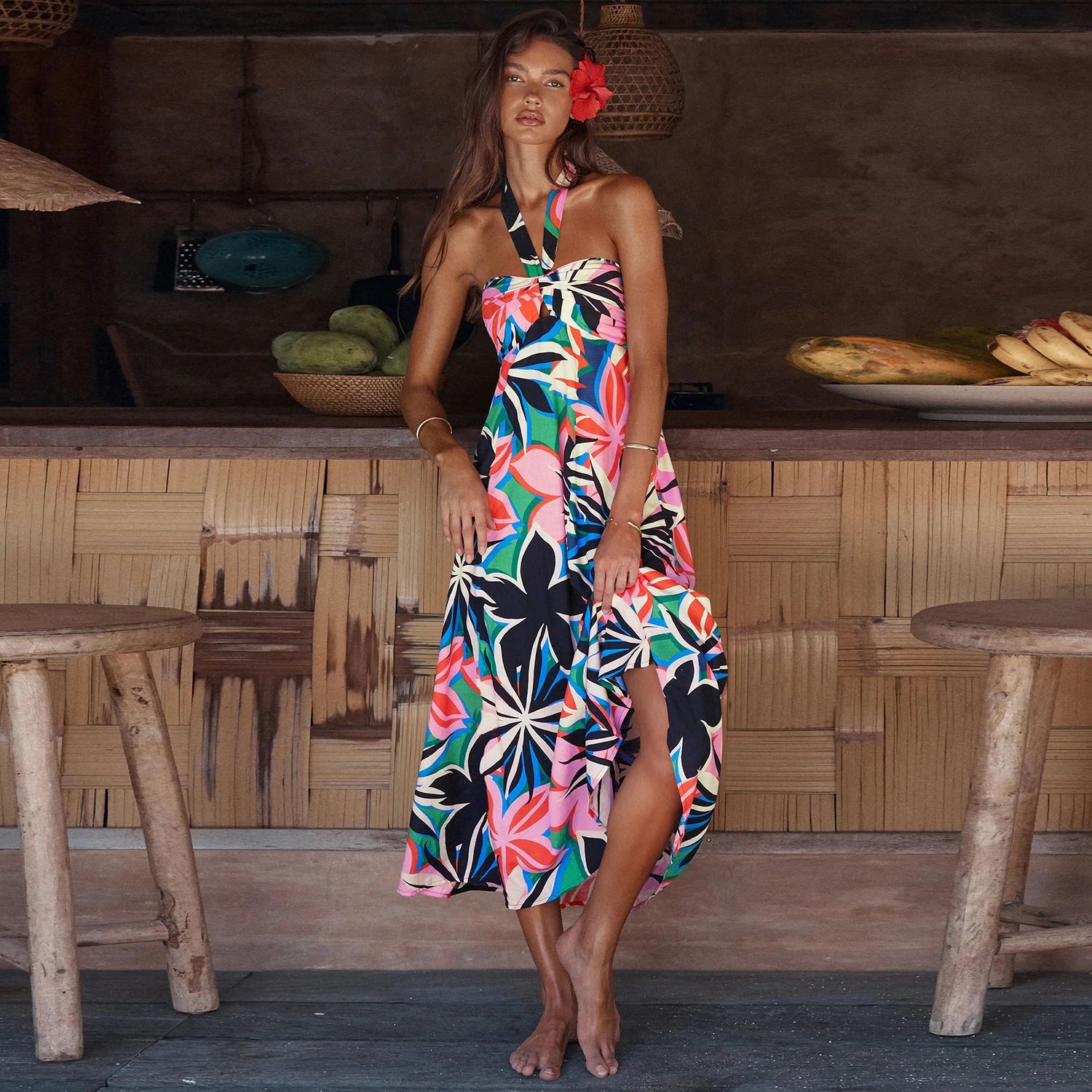 Halter Tropical Print A-Line Dress