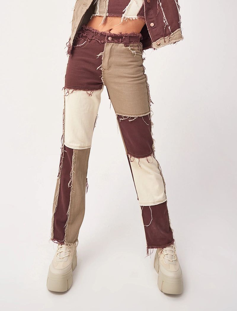 Patchwork Distressed Straight Jeans