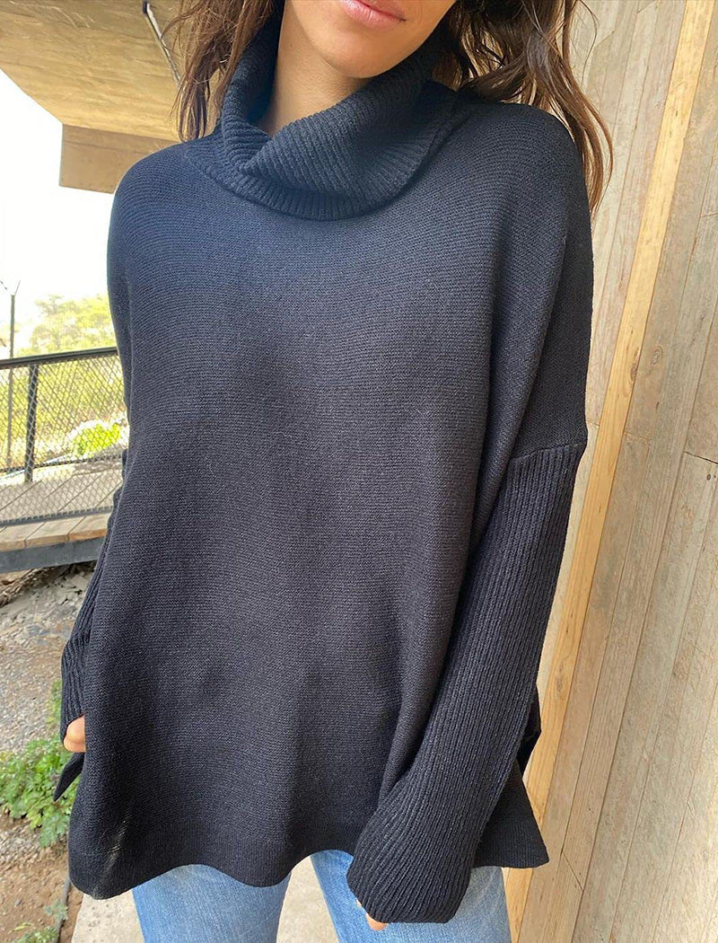 High Neck Batwing Sleeve Slit Hem Waist-Tie Sweater