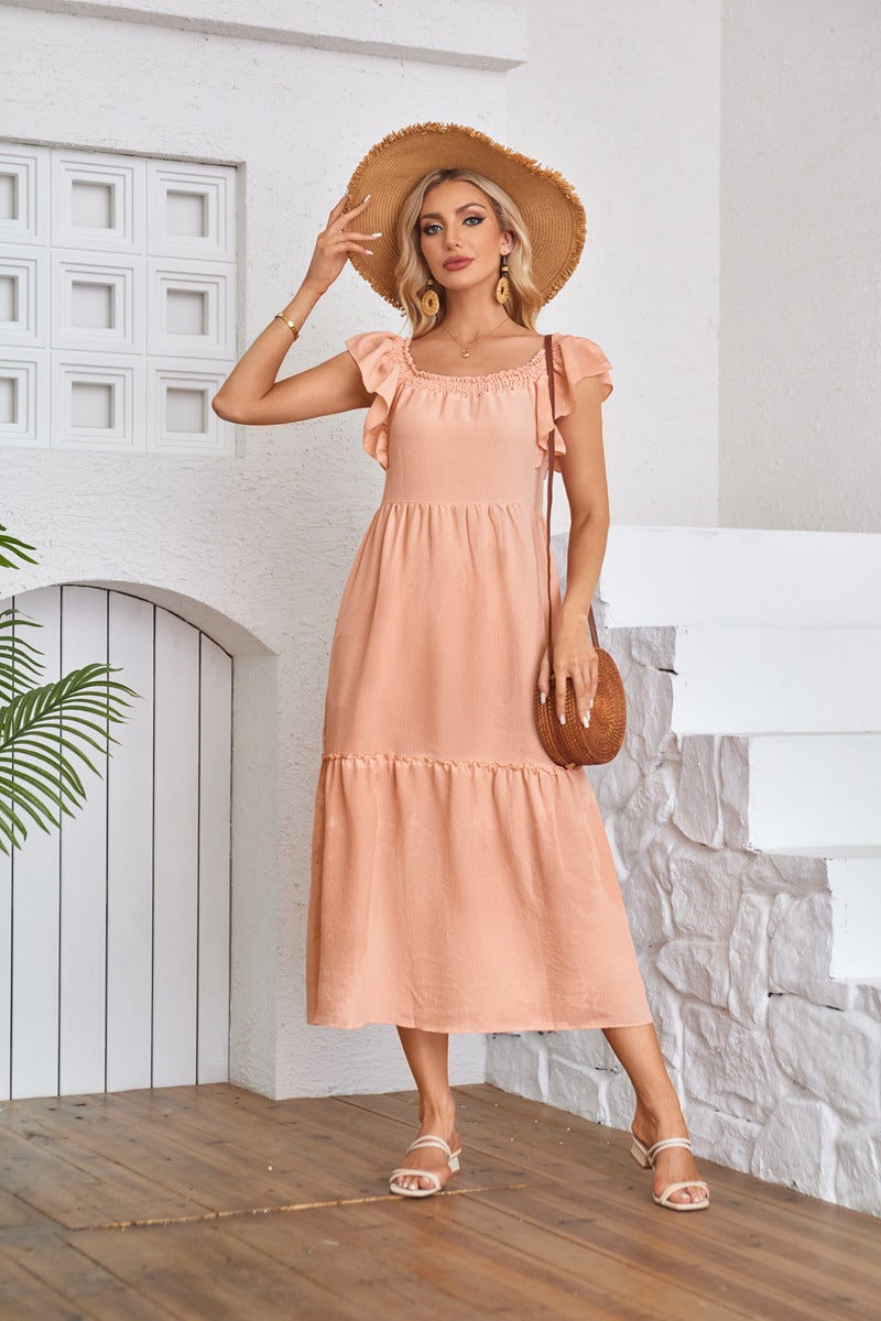 Solid Ruffle Sleeve Midi Dress