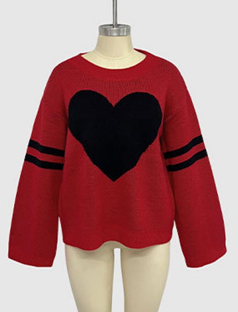 Heart Patterned Knit Sweater with Striped Sleeves